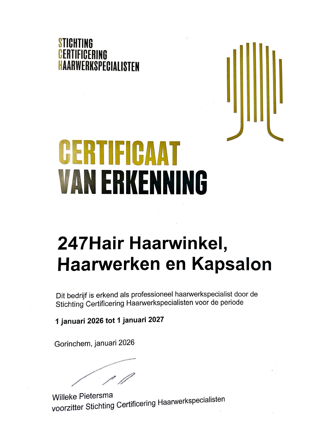 Officieel certificaat Stichting Certificering Haarwerkspecialisten — 247Hair Groningen